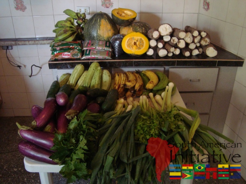 Fresh vegetables, fruit, and staple foods arranged in a kitchen as part of SAI food support in Venezuela.