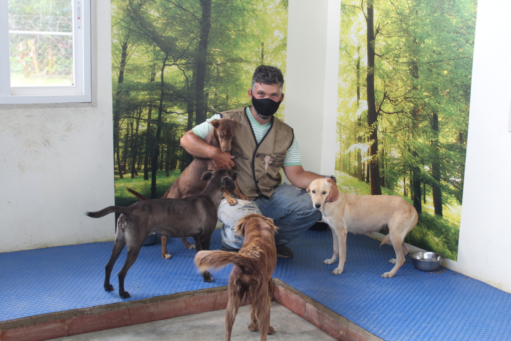 An SAI caregiver sitting with several rescued dogs at a shelter in Venezuela.