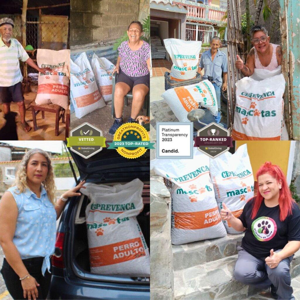 SAI Provides High-Quality Dog Food to Support Animal Welfare in Venezuela SAI (South American Initiative), a committed non-profit, ensures that rescued dogs in Venezuela receive proper nutrition through the distribution of quality dog food. In this image, several people pose with large bags labeled "CEPREVENCA Mascotas Perro Adulto," a specially formulated dog food designed for adult dogs. The image showcases multiple sections featuring different individuals holding the bags, reinforcing the collective effort behind SAI’s mission. At the bottom, prestigious badges, including Vetted by GlobalGiving, GreatNonprofits Top-Rated status, Platinum Transparency from Candid, and GlobalGiving Top-Ranked recognition, demonstrate SAI’s credibility and commitment to animal welfare. Through generous donations and dedicated volunteers, SAI continues to provide food and essential care to rescued dogs across Venezuela.